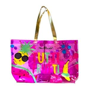 Too Faced Tutti Frutti‎ Large Plastic Tote Bag Fruit Print Clear Pink